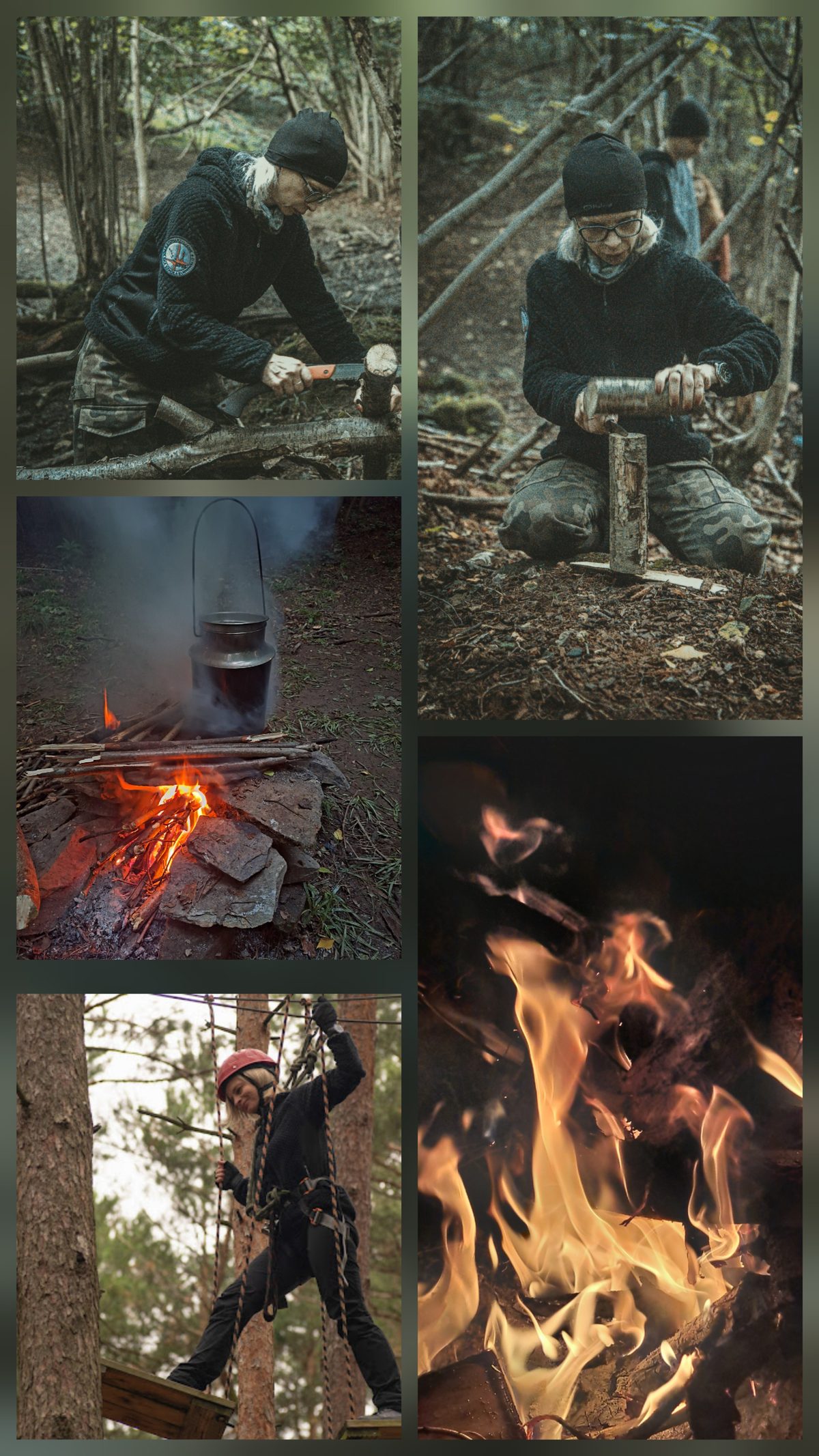 Aktywności outdoorowe: praca z drewnem, ognisko, park linowy