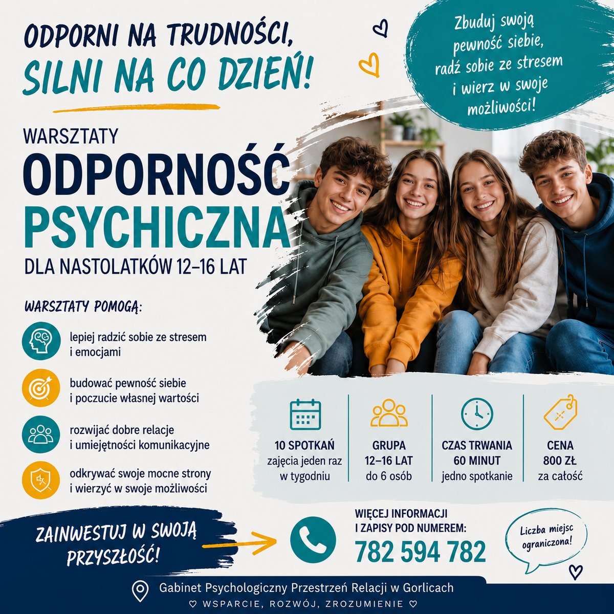 Warsztaty odporności psychicznej, spotkania grupowe dla nastolatków 12-16 lat